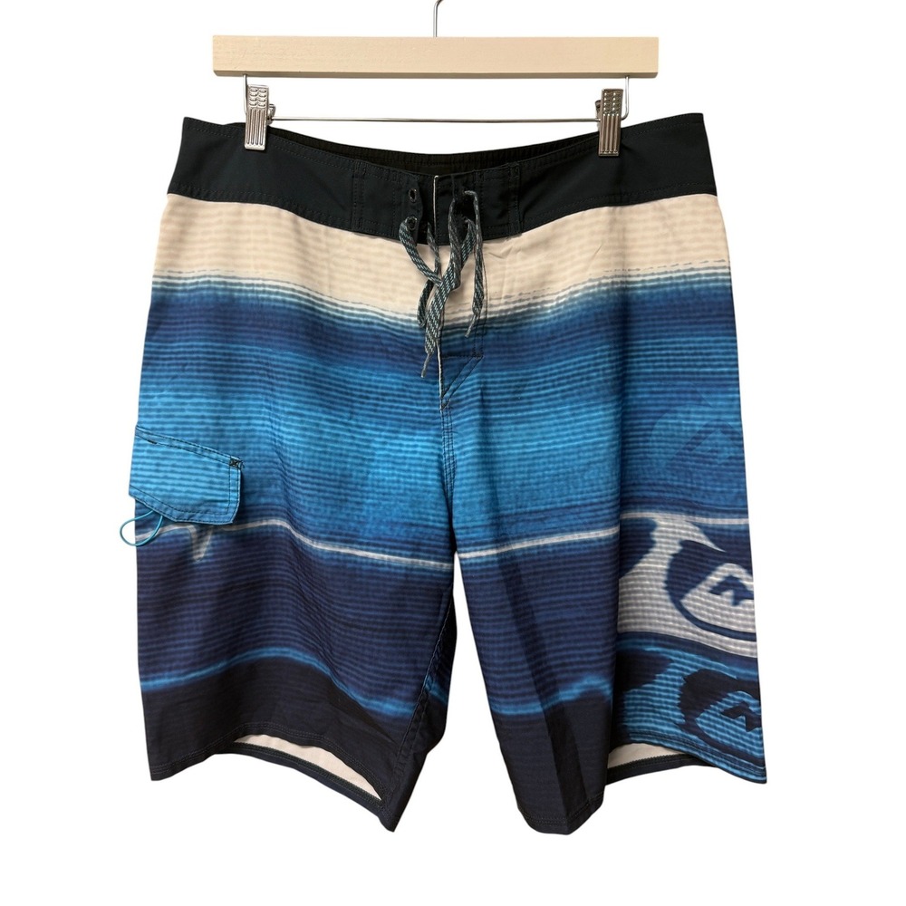 Quiksilver Board Shorts Mens 34 Blue Striped Surf Swim Trunks Cargo Pocket Beach